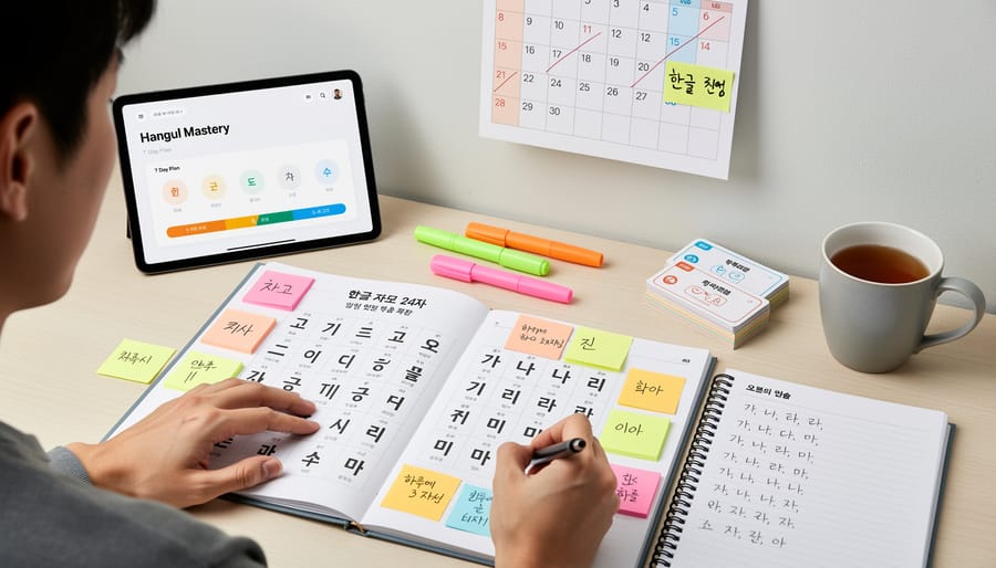 Hangul alphabet chart with Korean learning materials on study desk