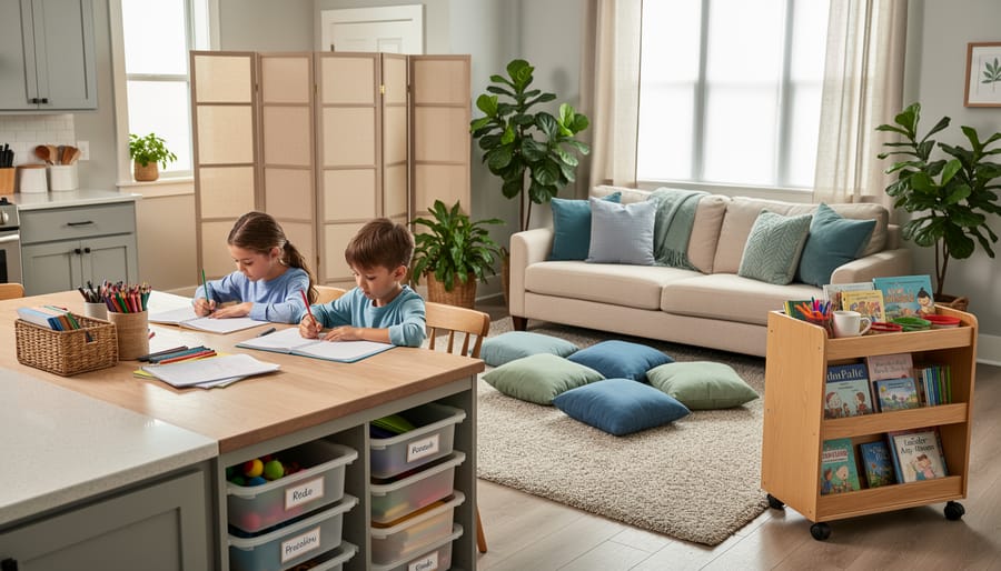 Open-plan living and dining room arranged as a home learning environment, with two children studying at a cleared kitchen table, a rug-defined reading nook with floor cushions and a low bookshelf, a rolling art cart, and a folding screen creating gentle boundaries in soft natural daylight.