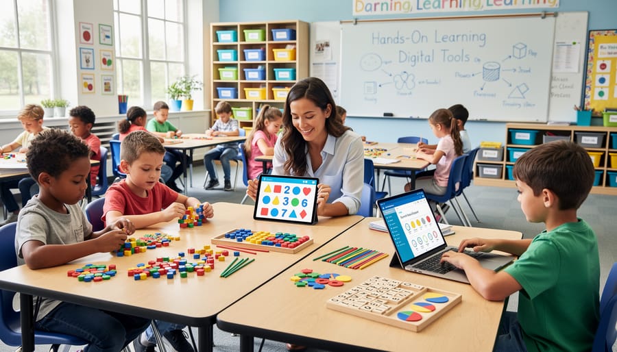 Student working with both tablet-based virtual manipulatives and physical counting bears on desk
