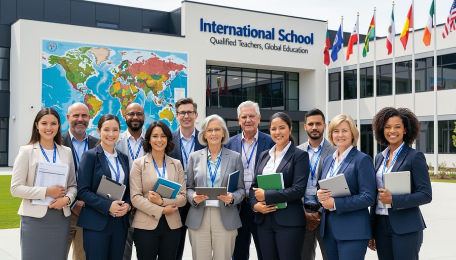 Teacher holding credentials in modern international school classroom