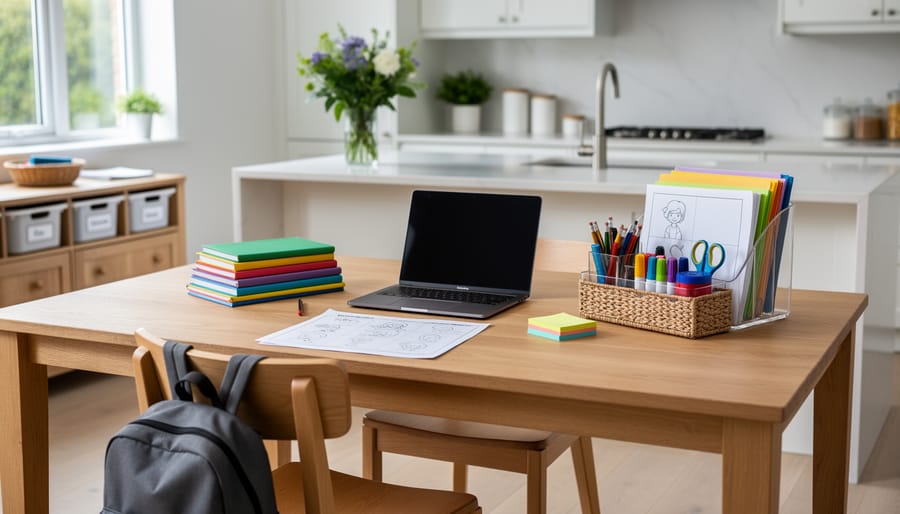 Kitchen table set up as organized home learning space with supplies and materials