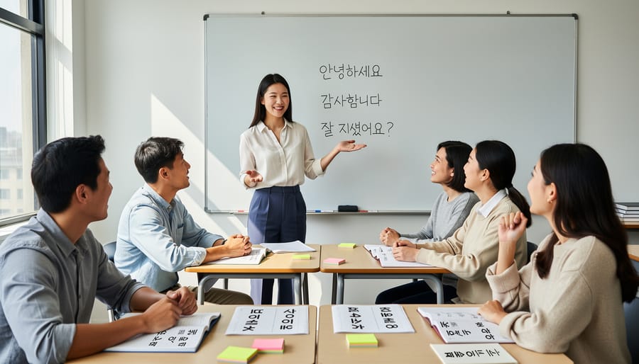 Woman practicing Korean greeting gestures in casual cafe setting
