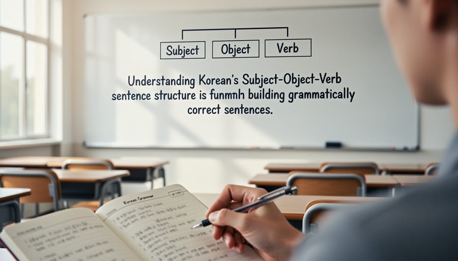 Student writing Korean sentence structure examples in study notebook