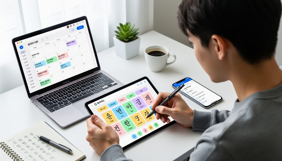 Person using Korean language learning app on smartphone at organized study desk