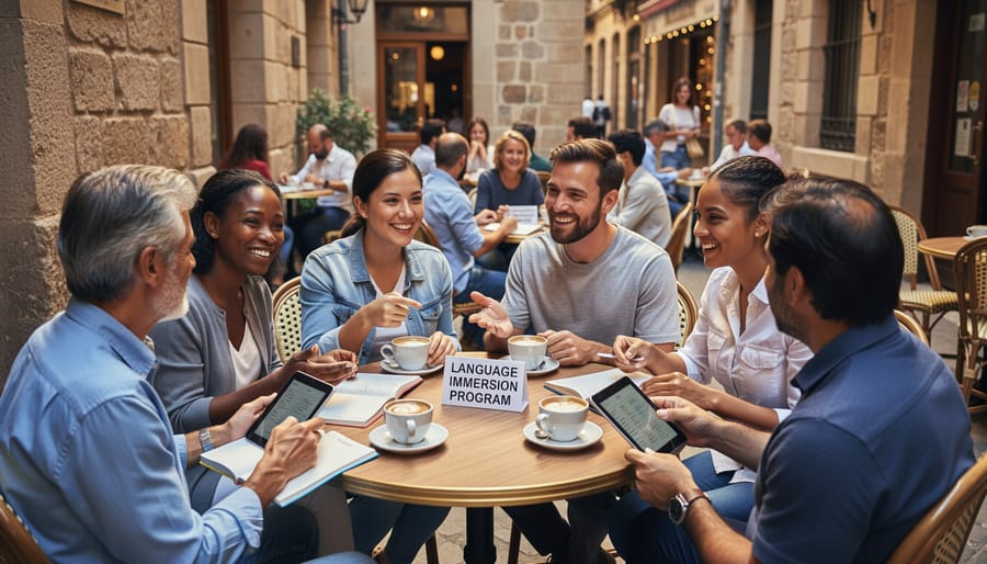 Adult woman practicing language skills in conversation with local vendor at outdoor market