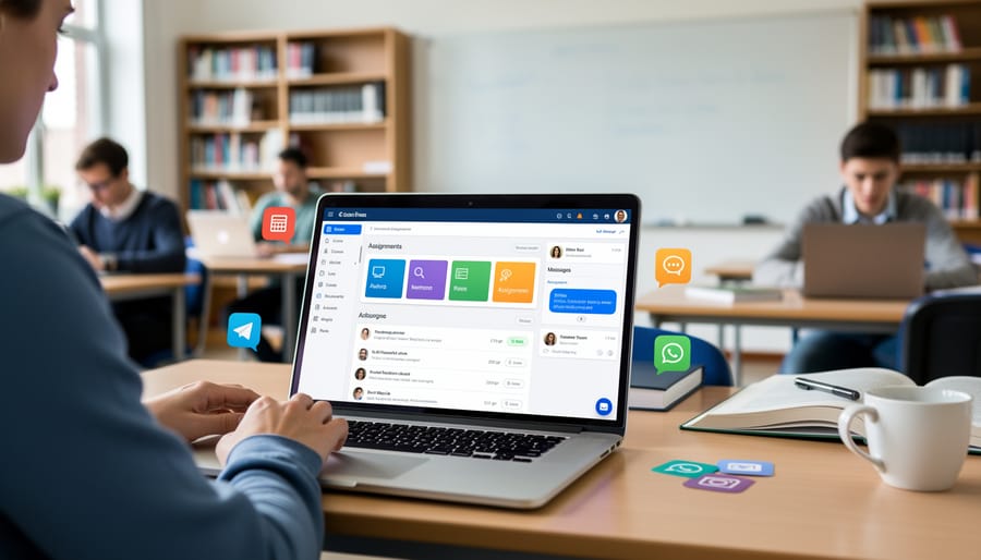 Teacher using tablet and laptop to manage digital classroom assignments and student data