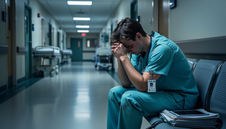 Medical resident showing signs of exhaustion and stress during hospital shift