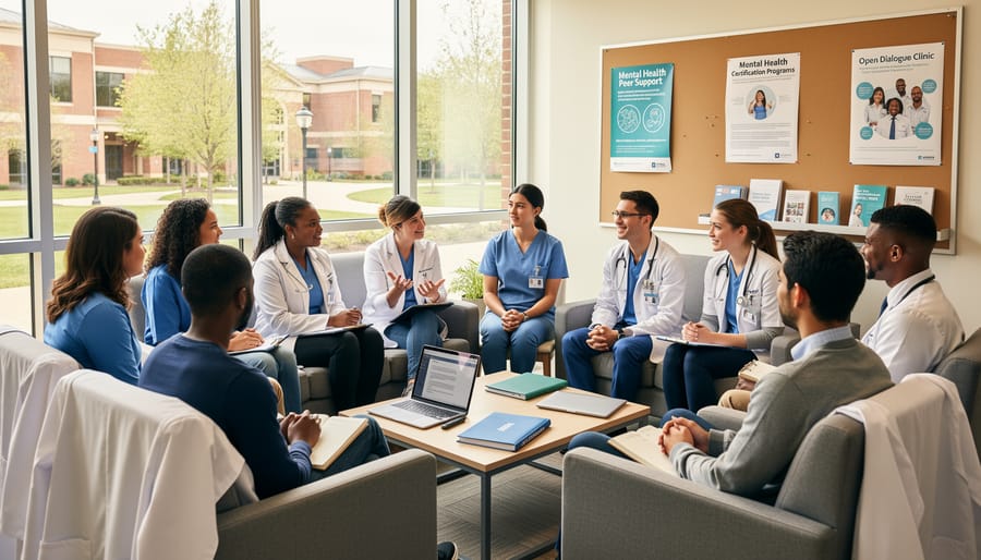 Diverse group of medical students engaged in supportive discussion circle during wellness session
