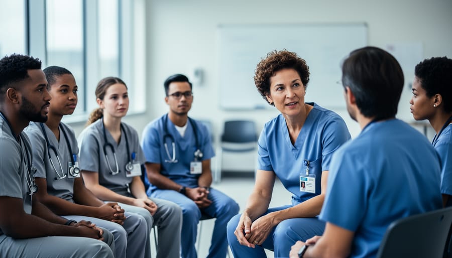 Instructor coaching diverse medical residents through a de-escalation exercise in a softly lit hospital training room, with background details gently blurred.
