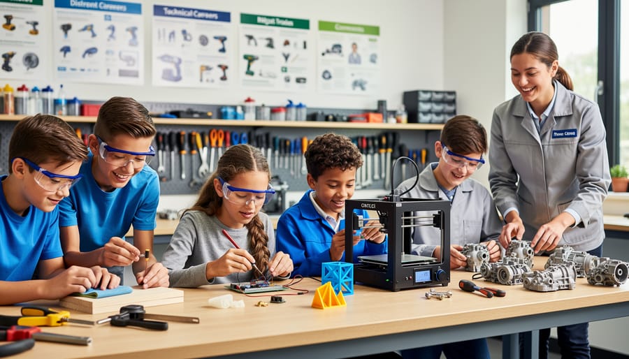 Diverse middle school students examining welding equipment and safety gear at career exploration booth
