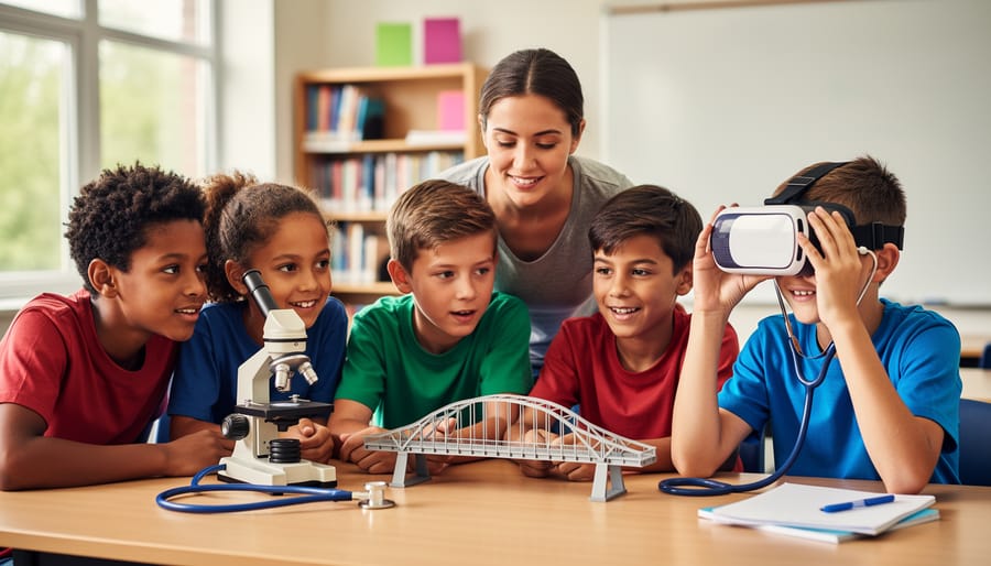 Teacher and diverse middle school students gathered around a classroom table examining a microscope, model bridge, VR headset, and stethoscope, with soft daylight and blurred bookshelves and a blank whiteboard in the background.