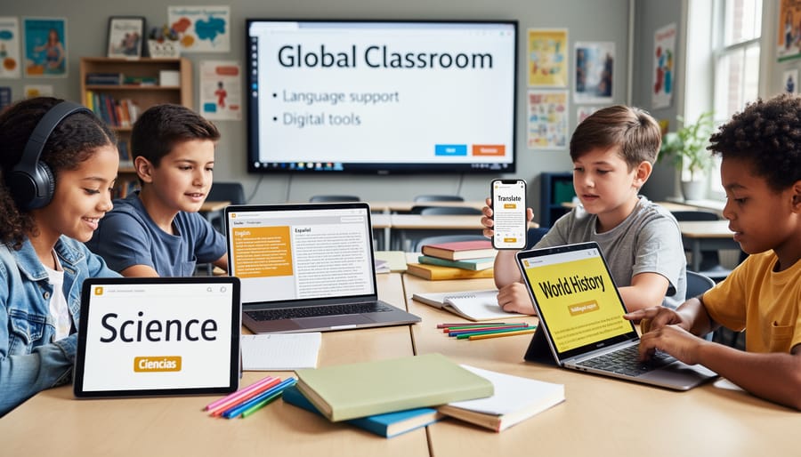 Student using educational technology tablet with headphones in classroom
