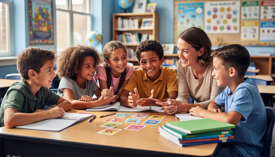 Diverse multilingual middle-school students work with a teacher at a classroom table under soft natural light, with shallow depth of field and a blurred globe and bookshelves in the background; no legible text visible.
