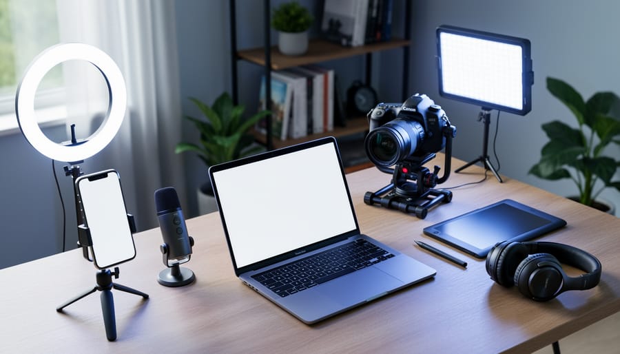 Home studio desk with smartphone on tripod, USB mic, and ring light on one side; DSLR rig, studio LED, graphics tablet, and headphones on the other, laptop centered, shelves and plants softly blurred.