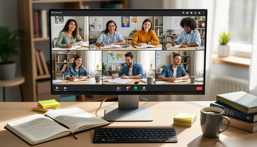 Students collaborating through video conference call on laptop during online learning session