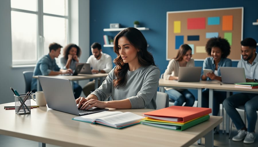 Teacher at a tidy desk using a laptop with color-coded folders while students work together on laptops and tablets in a bright, modern classroom; screens have no readable text.