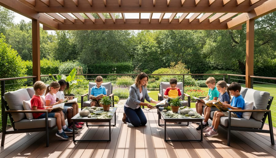 Child reading in comfortable outdoor learning space on covered patio with plants