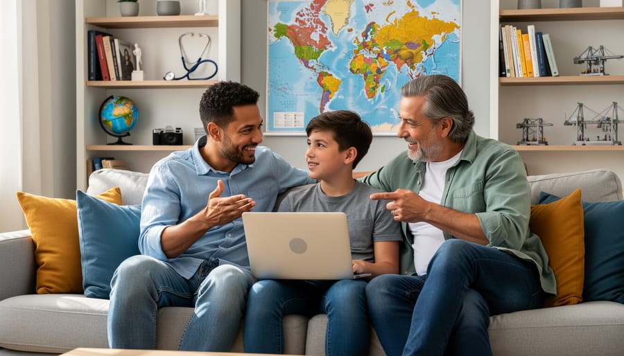 Parent and middle school student having career conversation together at home with laptop