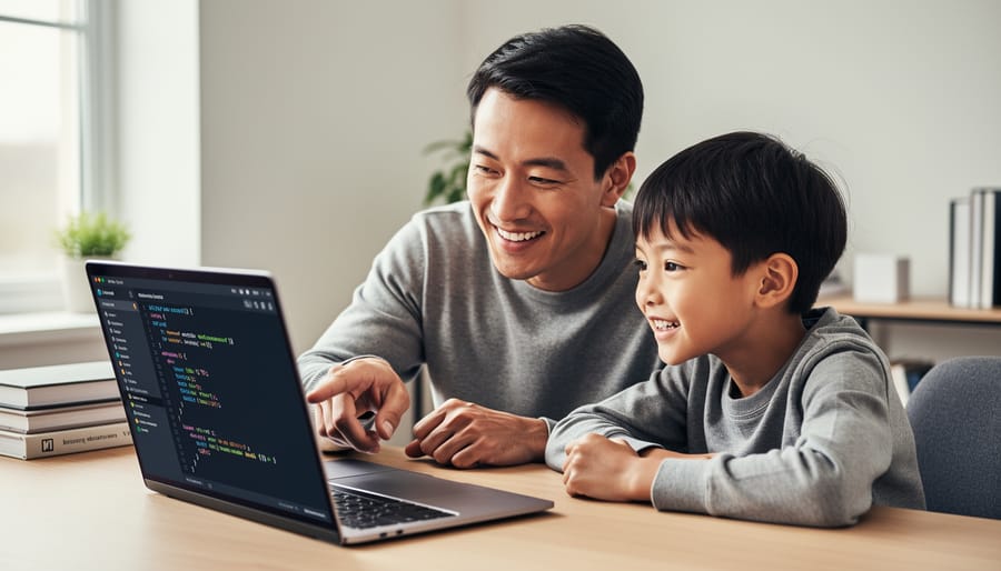 Parent and child learning coding together at home on laptop