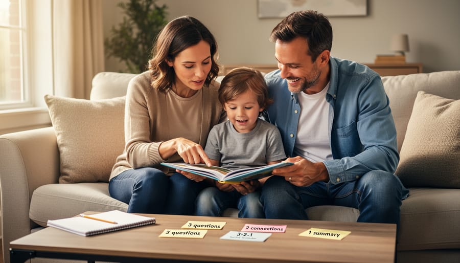 Parent and child reading together on couch in comfortable home setting