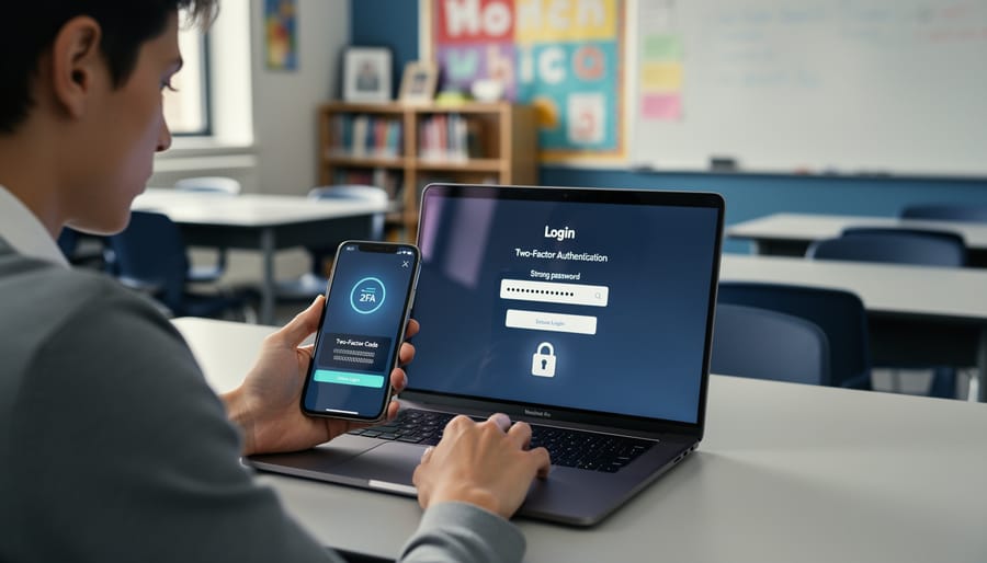 Teacher's hands typing password on laptop with smartphone showing authentication code