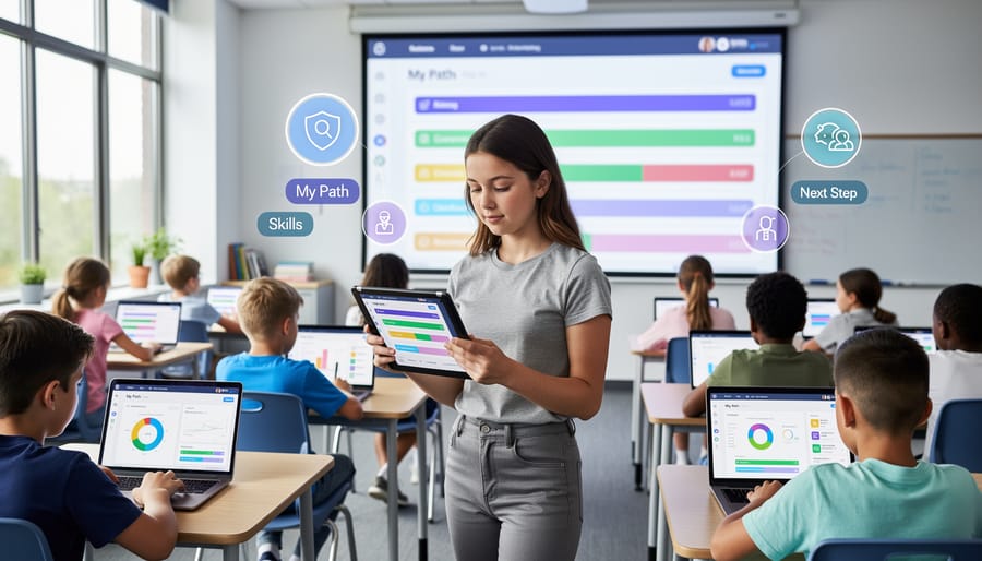 Teacher and student reviewing personalized learning progress on digital tablet