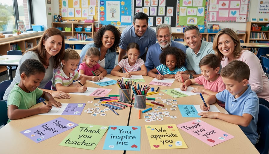 Parent and child writing personalized teacher appreciation card together at table