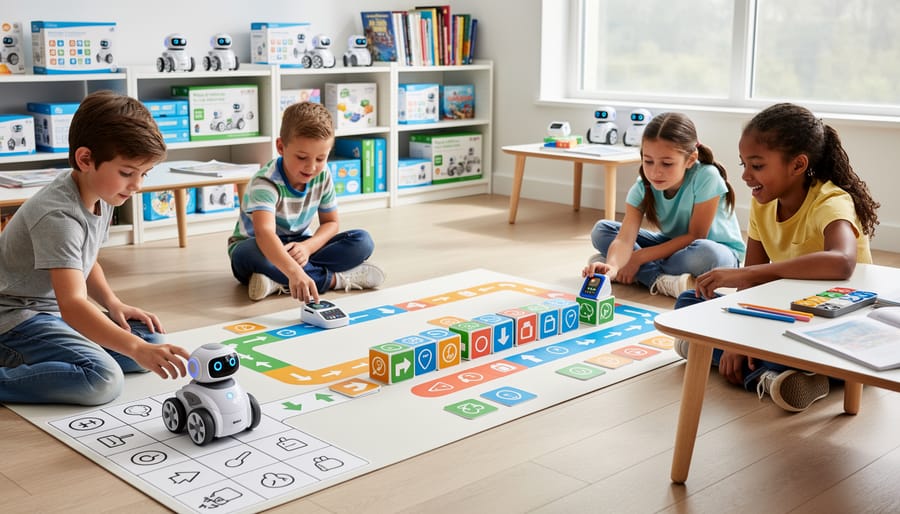 Children interacting with colorful programmable robot toy during coding activity