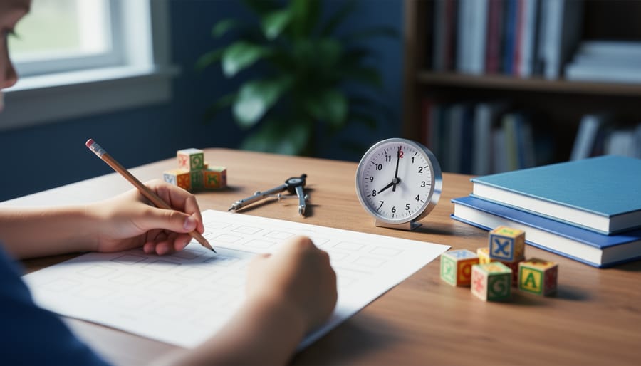 Child’s hands completing a practice worksheet on a wooden desk with a plain analog timer, geometry compass, pattern blocks, and closed notebooks in soft daylight, with a blurred bookshelf and plant behind.