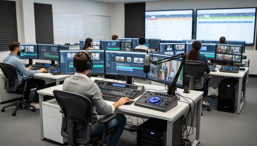 Professional video editing workstation setup in classroom with MacBook and external monitor