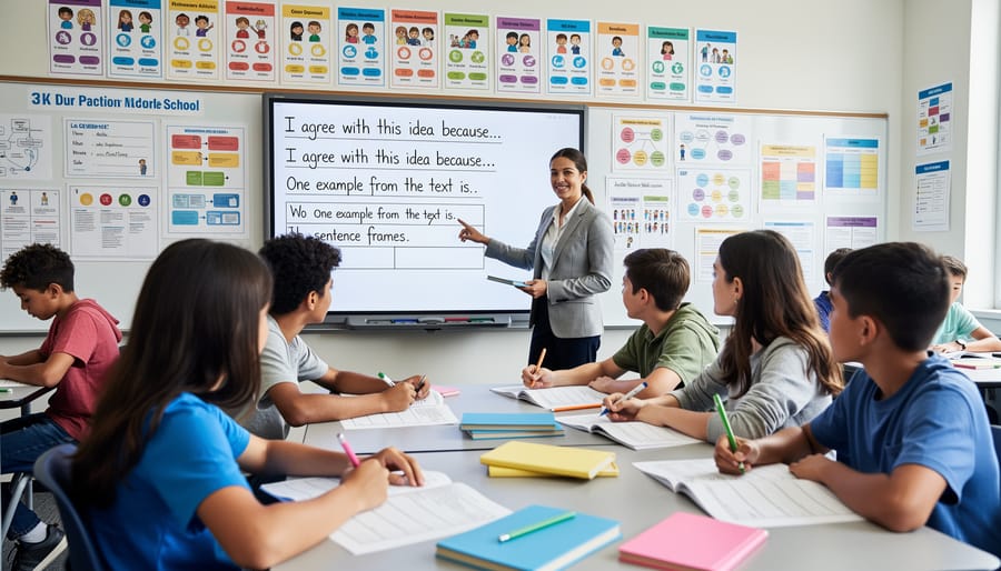 Teacher providing scaffolded learning support to multilingual student with visual aids