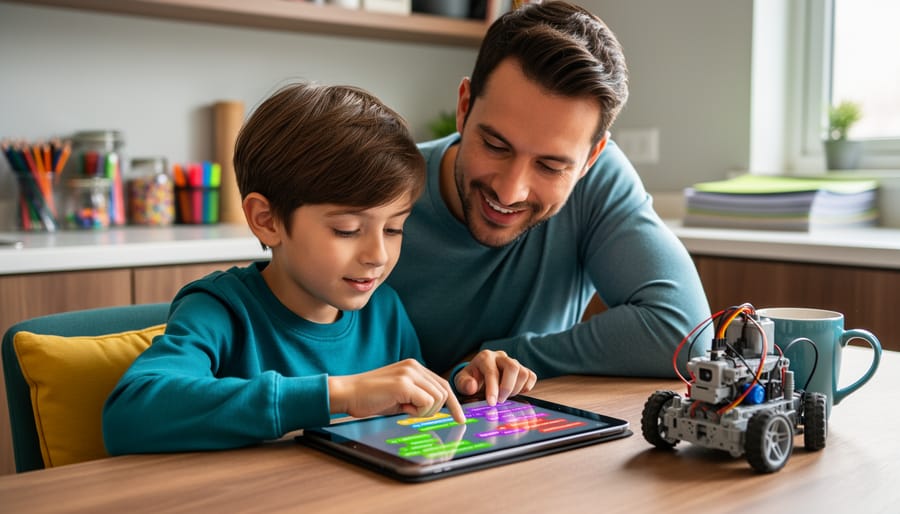 Seven-year-old coding on a tablet at a kitchen table with a small educational robot nearby, while a parent leans in supportively; soft natural daylight and a softly blurred home background with shelves and craft supplies.