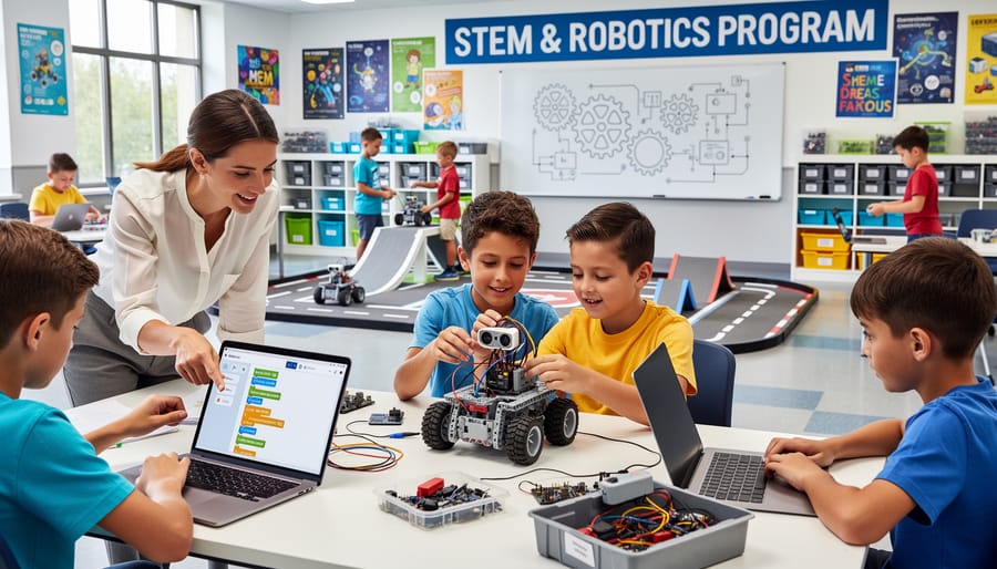 Children working together on STEM robotics activity in educational setting