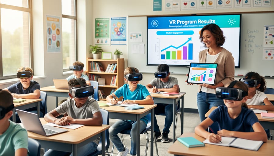 Student wearing VR headset showing excited expression during immersive learning experience