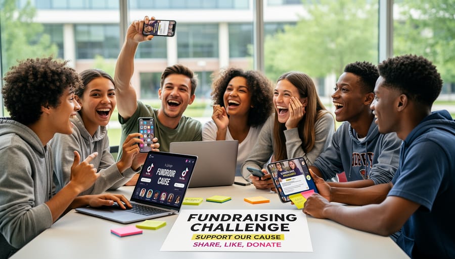 Students creating social media content with smartphones and ring lights for digital fundraising campaign