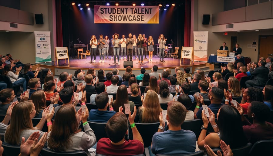 Students performing on stage during school talent show fundraising event with audience watching