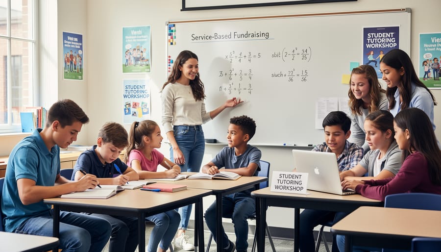 Older student teaching coding skills to younger students in computer lab setting