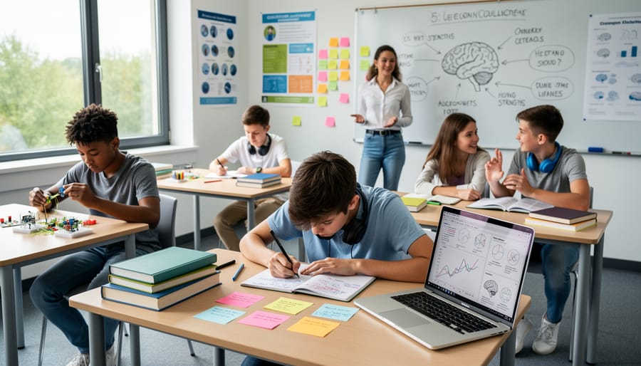 Diverse elementary students working on different subjects at classroom desks