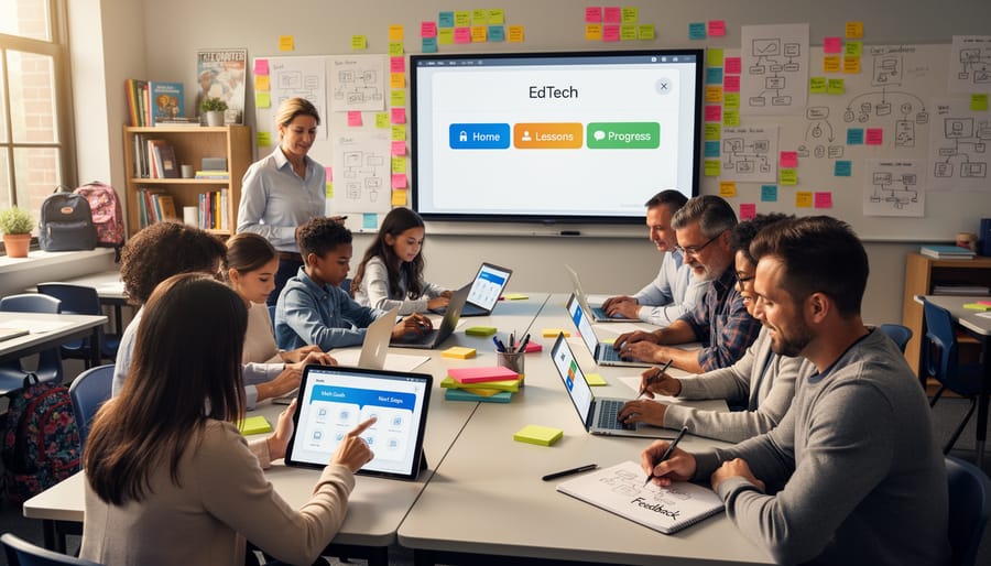 Diverse elementary students working together with educational technology in classroom setting