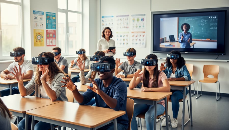 Elementary students wearing VR headsets in modern classroom showing engaged expressions