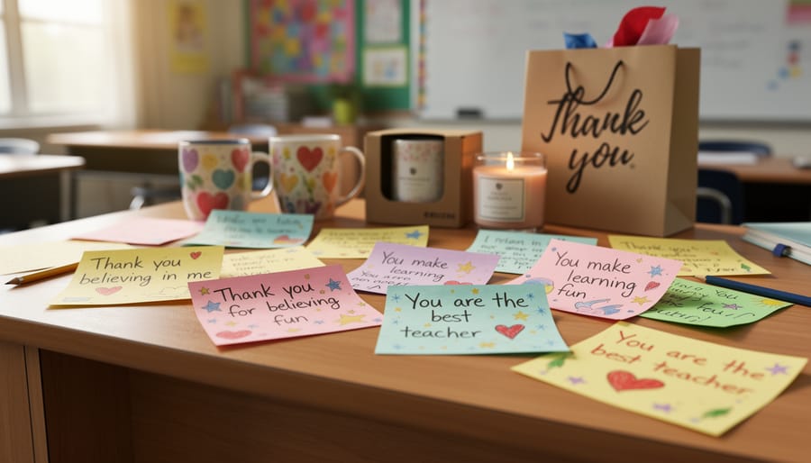 Teachers' hands holding handwritten thank-you notes and cards from students