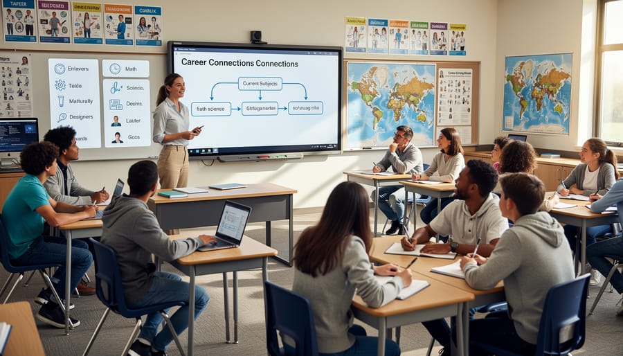 Teacher discussing career pathways with engaged middle school students in classroom setting