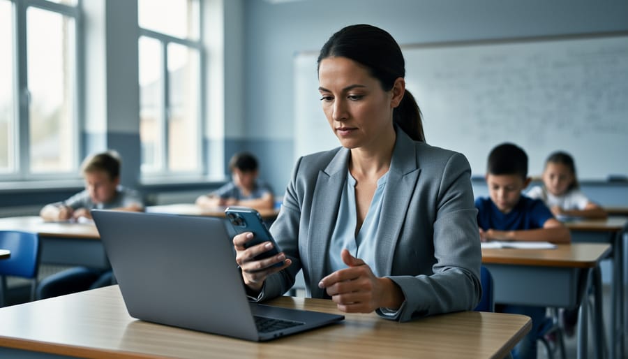 Eye-level photo of a K–12 teacher at a classroom desk using a laptop and smartphone for two-factor authentication, with soft daylight and blurred desks and whiteboard in the background.