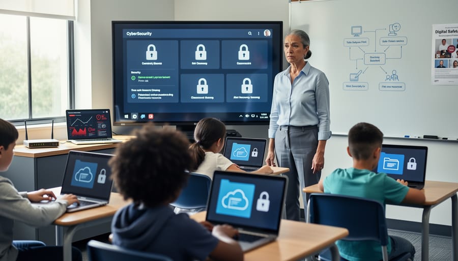 Teacher at classroom desk looking concerned while reviewing security on laptop computer
