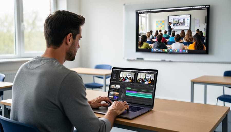 Teacher working on MacBook Pro with video editing software in classroom setting