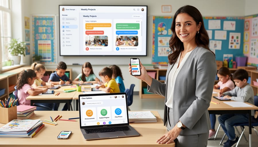 Teacher using laptop and smartphone to communicate with parents and manage classroom updates