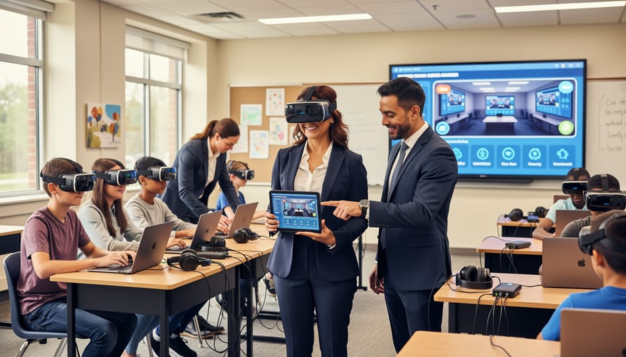 Teacher demonstrating VR headset to group of attentive middle school students in classroom