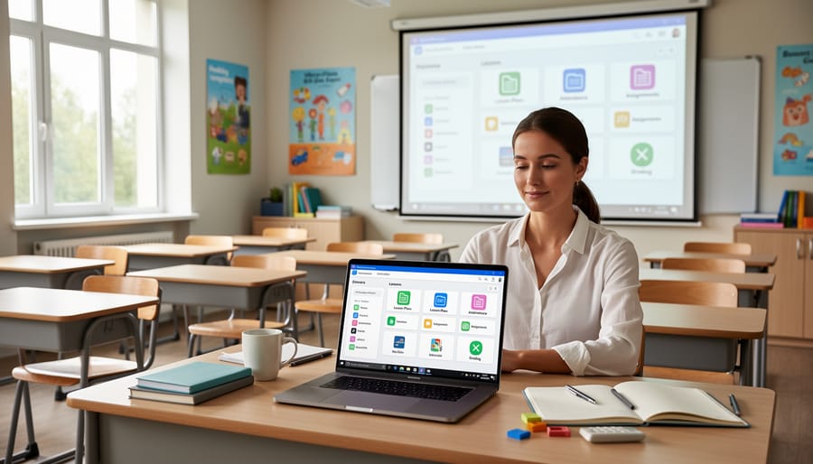 Organized teacher workspace with laptop and educational materials on desk