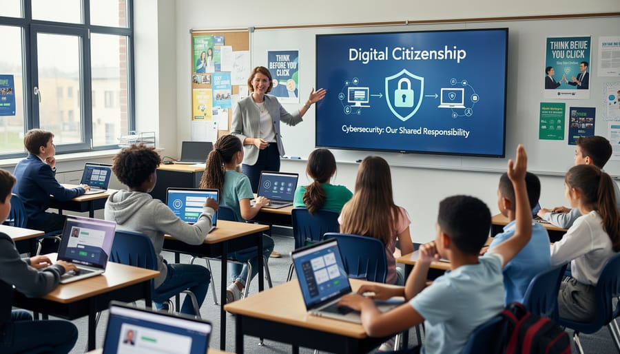 Teacher instructing diverse group of middle school students about computer safety