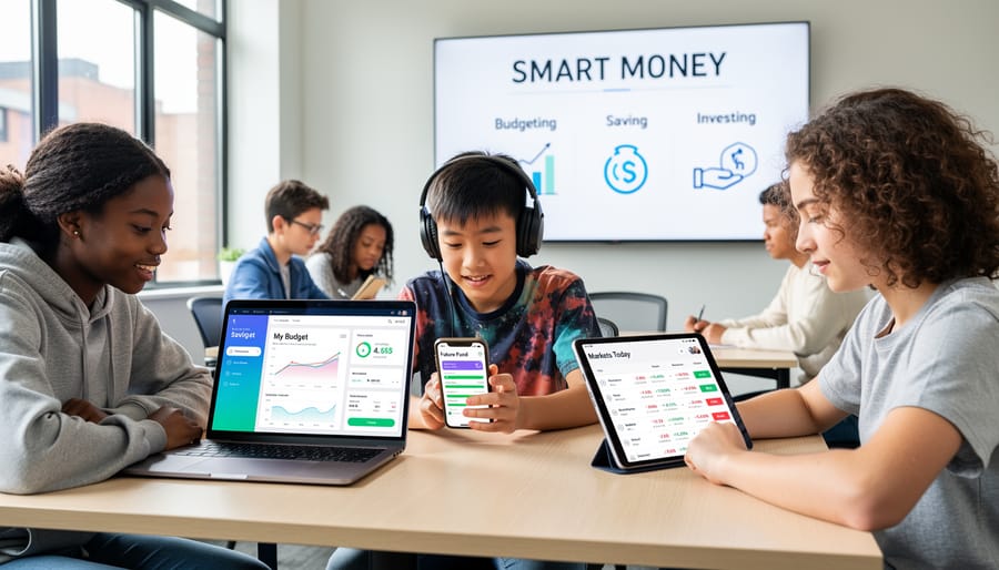 Teenage hands using smartphones with financial apps and notebooks for budgeting practice